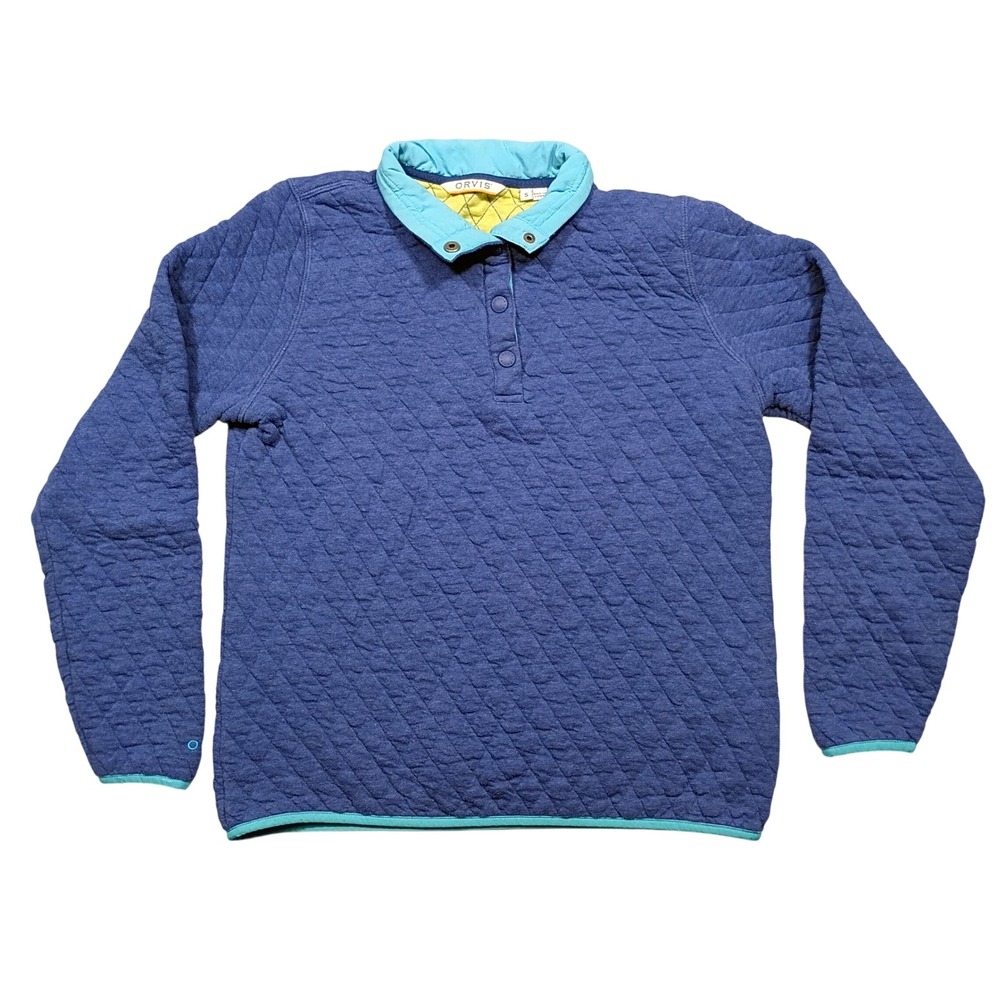 Orvis Pullover Womens S Quilted Snap Neck Long Sleeve Blue Diamond Stitch 2P8F